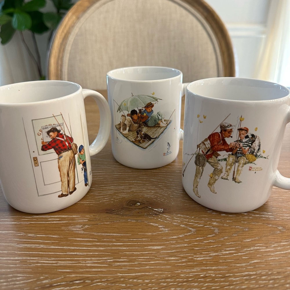Norman Rockwell Illustrated 1987 White Mug Trio